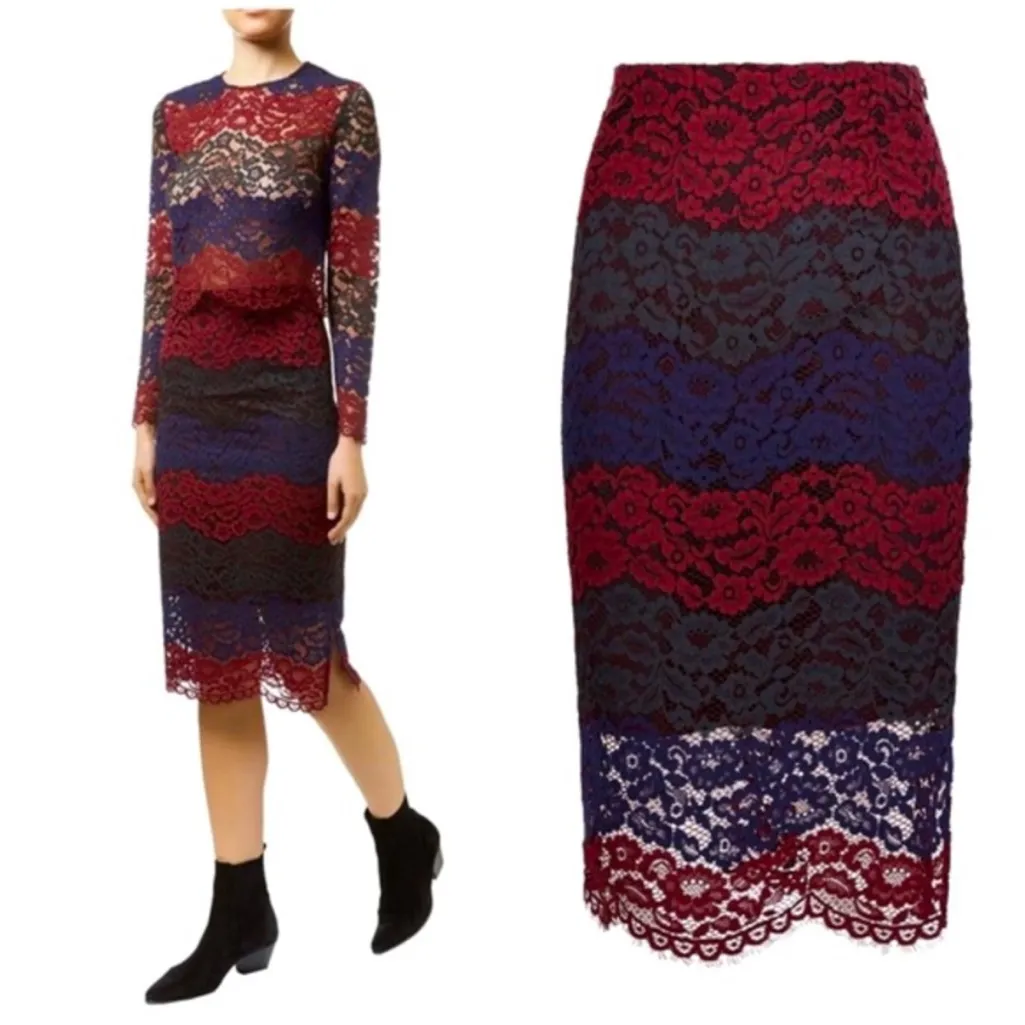 Sandro Red Blue Lace 2 Piece Long Sleeve Lined Pencil MIDI Skirt Set Size 3 US 8 - Image 2