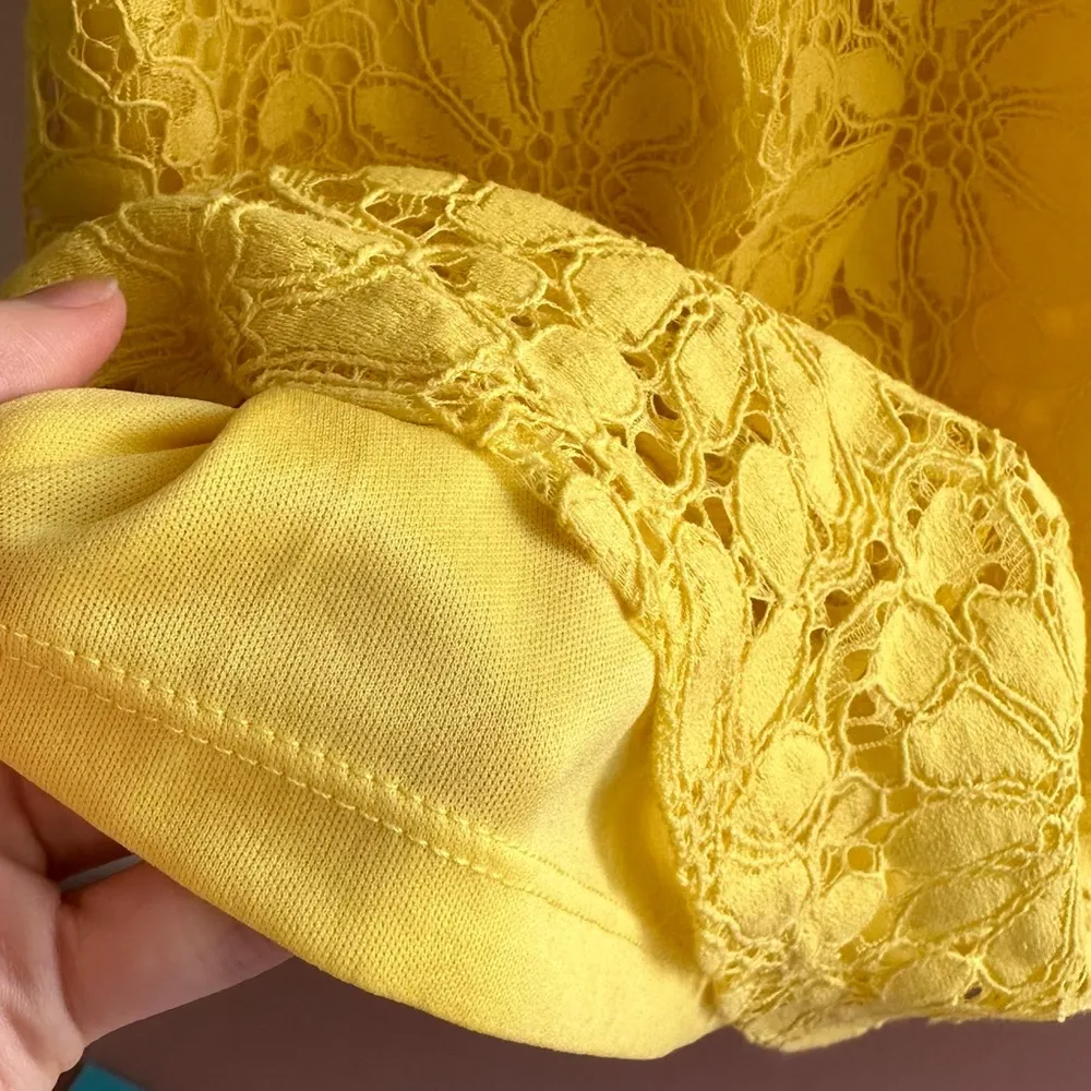 Yellow Floral Sheath Dress, Crochet Lace Ruffle Dress, Size 10 - Image 5