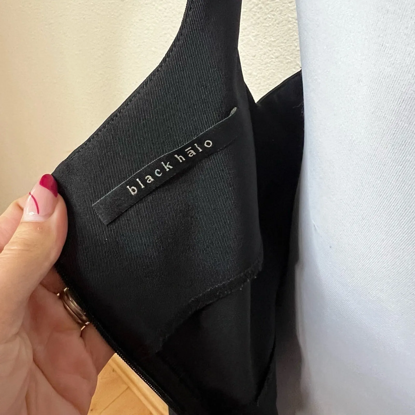 Black Halo Black Jackie O Sheath Cocktail Mini Dress 8 Draped Cowl Neck - Image 6