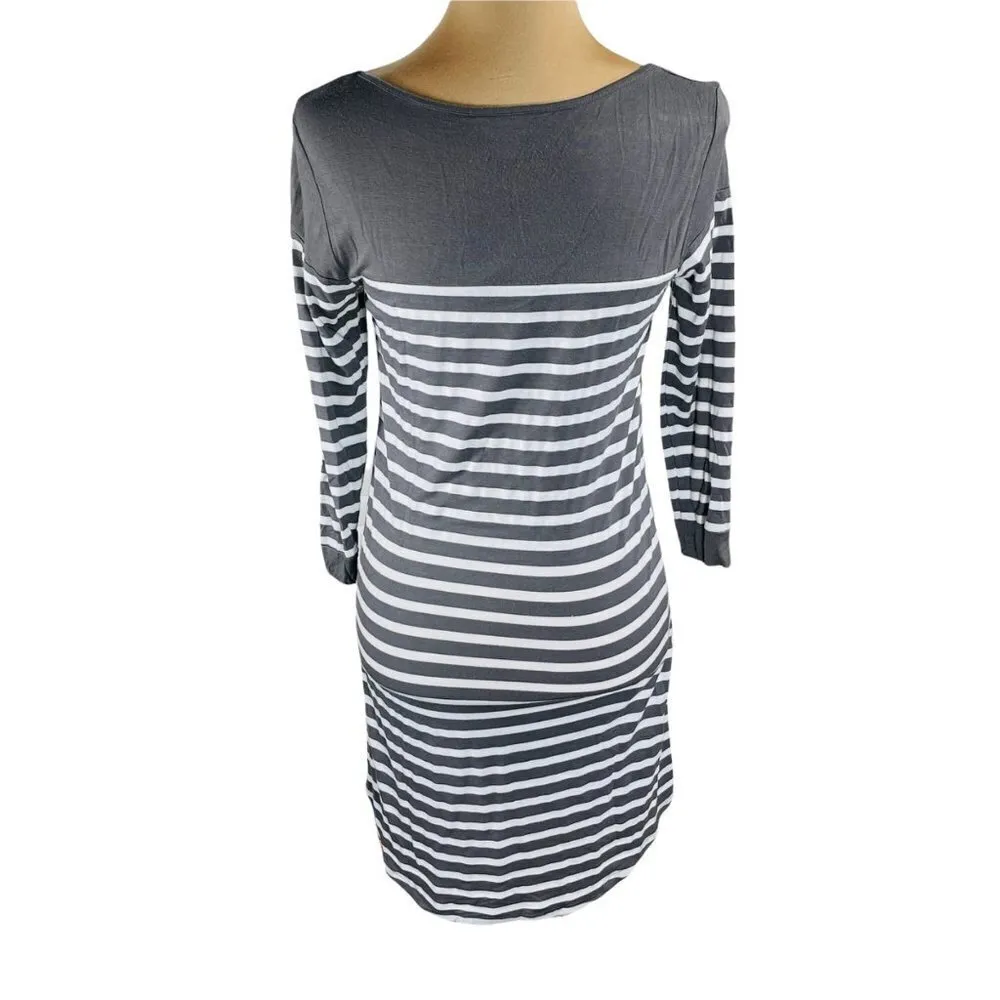 Charming Charlie Gray White Stripe Long Sleeve Crewneck Long-Line Tunic M - Image 3