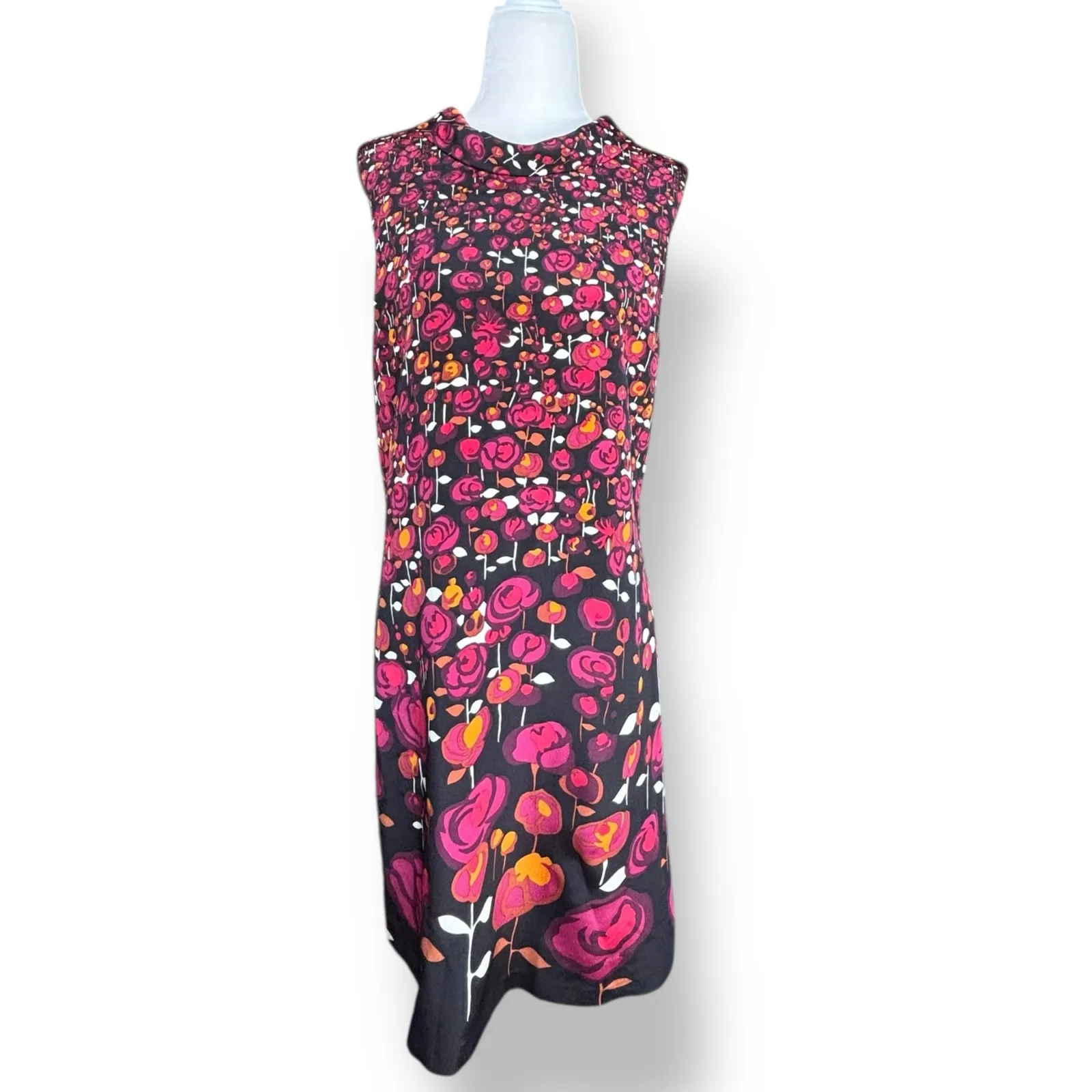 Elie Tahari Silk Floral Roll Neck Sleeveless A-Line Dress Pink Orange Black - Image 12