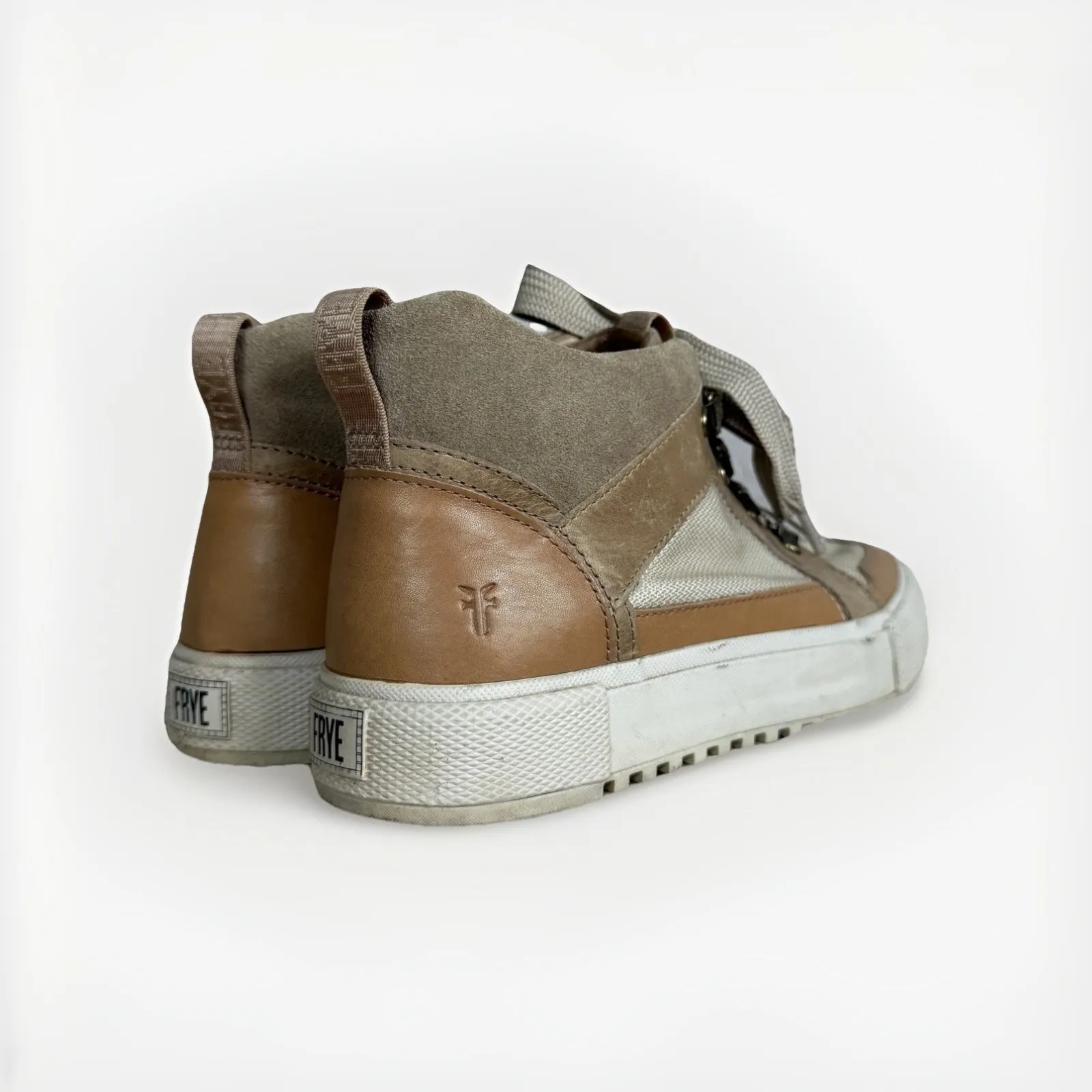 Frye Gia Lug Trail Sneaker Tan Leather Canvas High Top Shoes 6.5 Minimalist Chic - Image 3