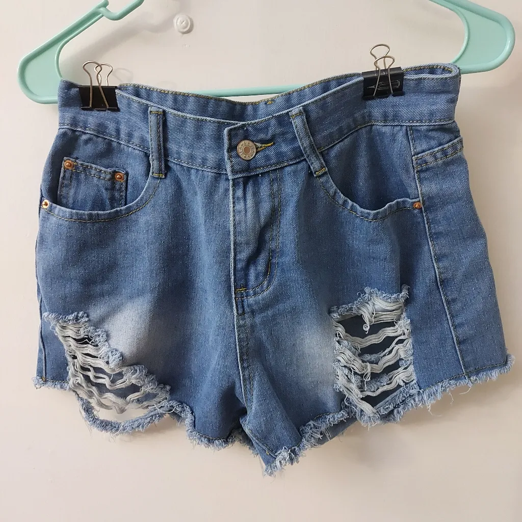 Jeans High Waist Distressed Denim Shorts S Festival Summer Boho Classic Rave Blue - Image 3
