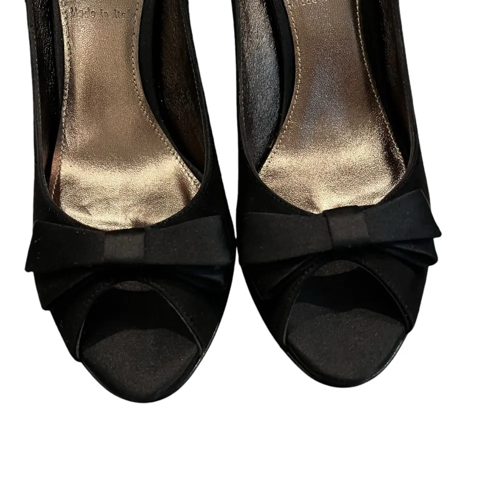 NWOT, J. Crew Black Suede Satin Bow Peep Toe Heels, Sz 7.5 - Image 12