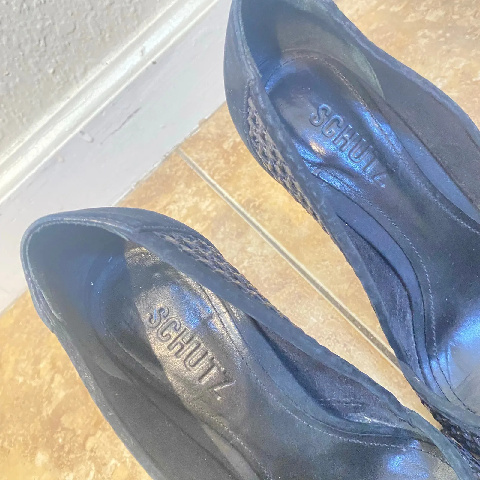 Schutz  Black Leather Suede Woven Peep Toe Stiletto Heels Pumps Size 6 - Image 5