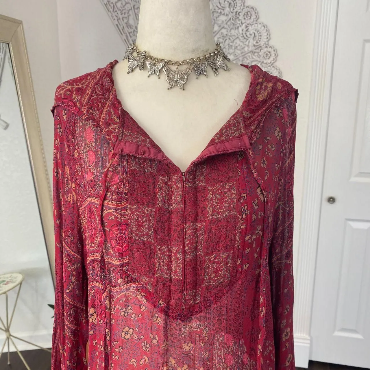 Faded Glory Witchy Whimsygoth Burgundy Red Paisley Patchwork Mesh Velvet Dress S - Image 7