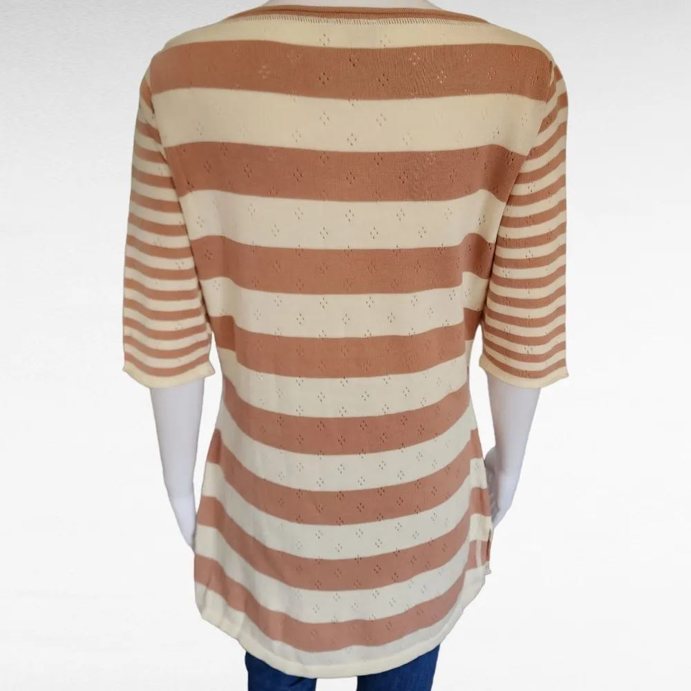 Anthropologie Shu Shu Beige Cream Stripe Pointelle Short Sleeve Sweater Large - Image 5