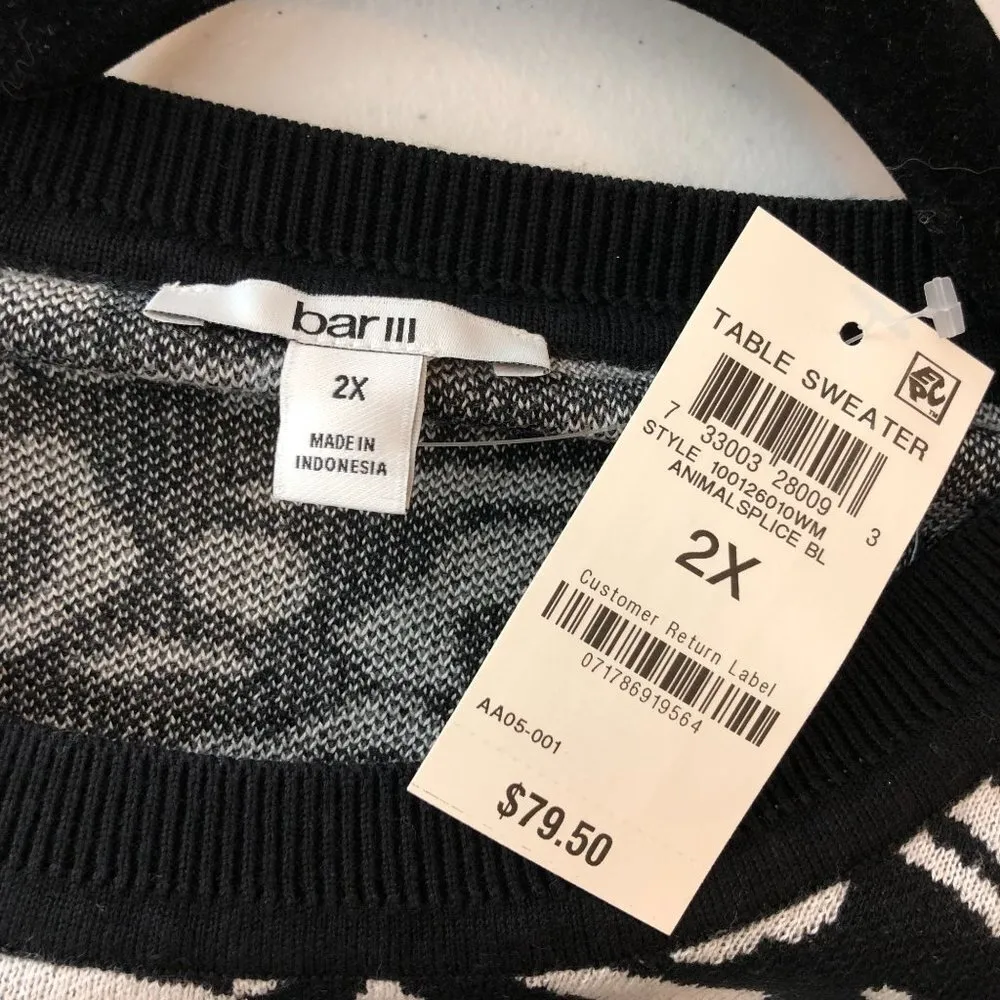 Bar III Womens Sweater Animal Print Crew Neck Cotton Blend Black White 2X - Image 4