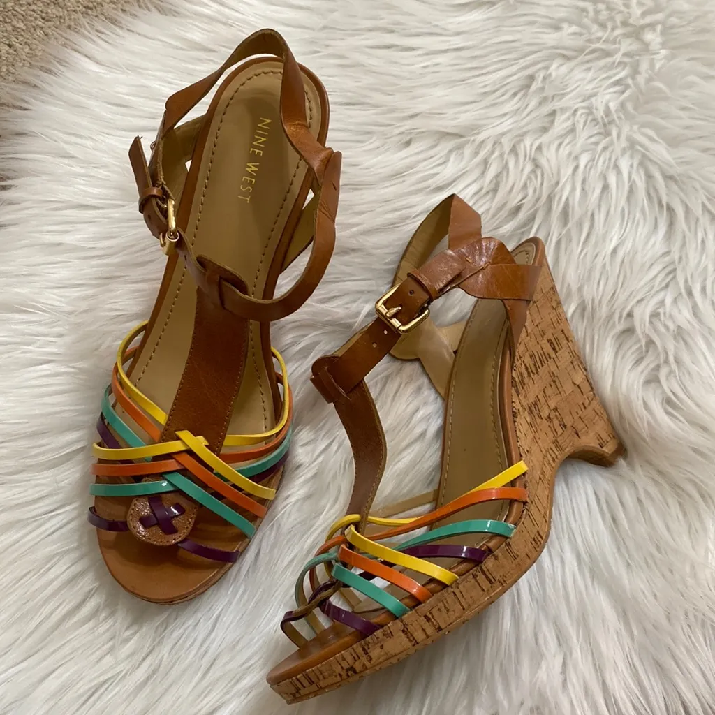 Nine West Thatch Rainbow Multicolor Cork T Strap Wedges - Image 2