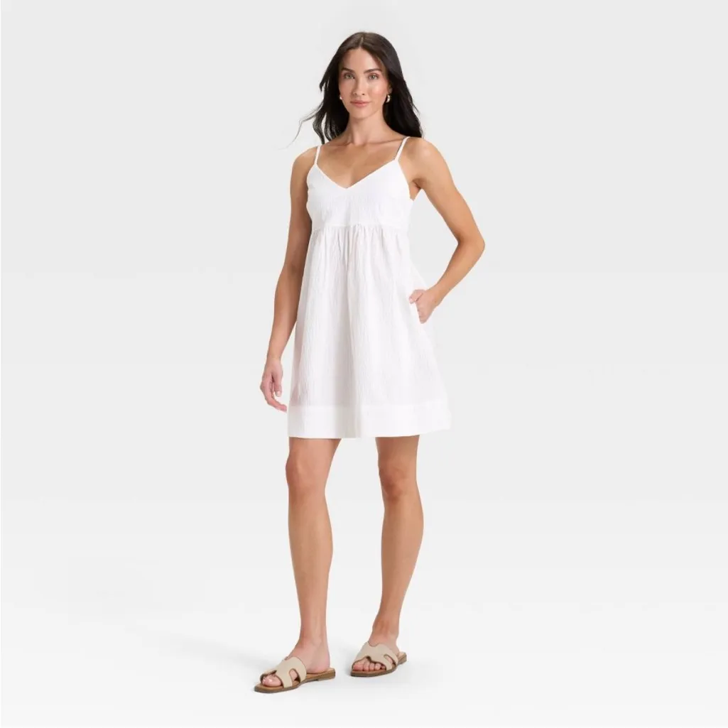 NWT Spaghetti Strap Seersucker White Cotton Mini Dress Size M - Image 3