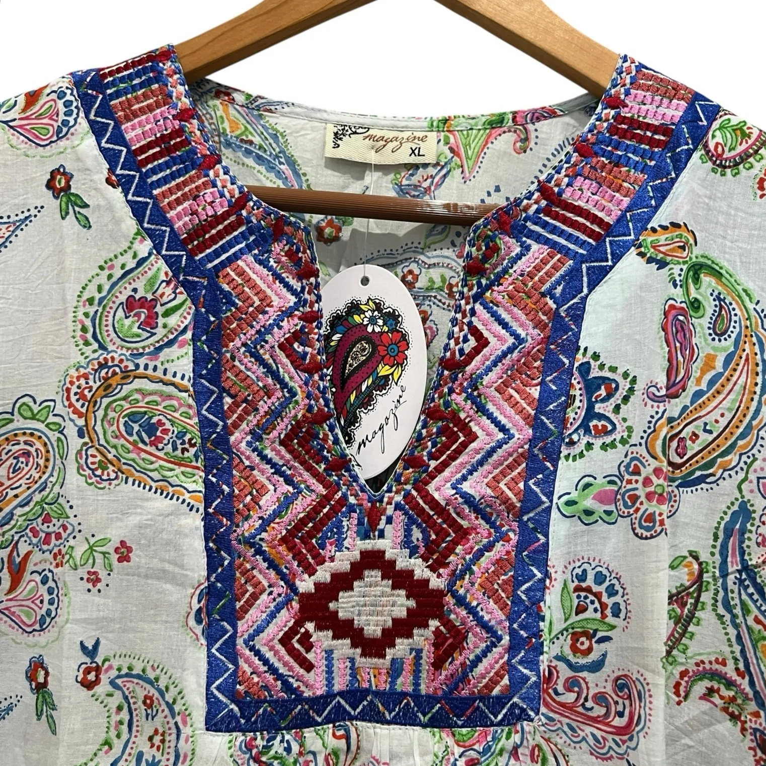 MAGAZINE Paisley Print Embroidered Blouse Sz XL Colorful Boho Chic Cottage NEW White - Image 2