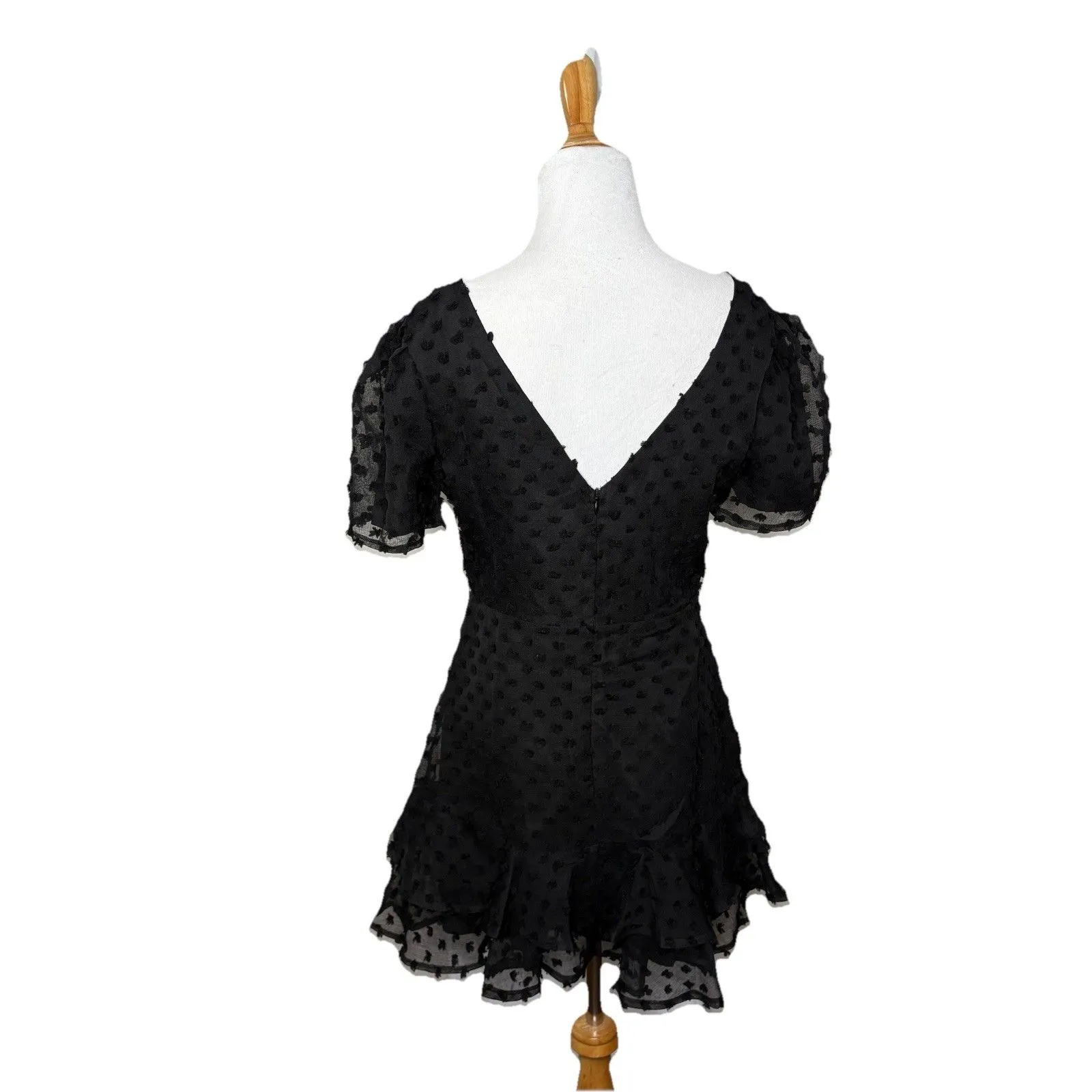 Lulus Magnificence Black Swiss Dot Puff Sleeve Ruffled Mini Length Dress V-Neck - Image 3