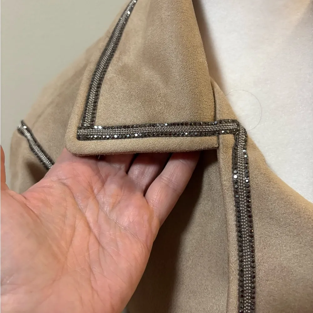 Zara cropped moto jacket coat rhinestones trim beige faux suede M - Image 5