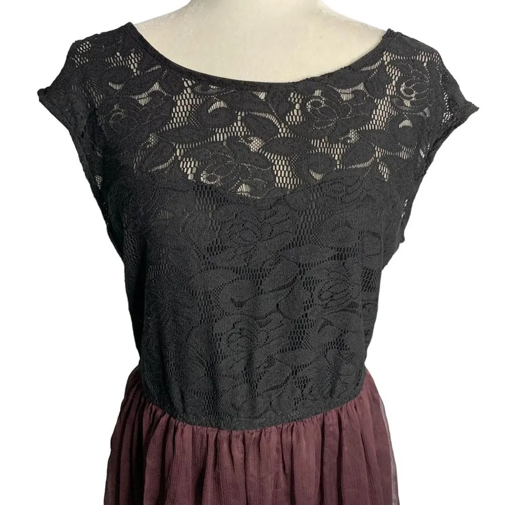 Dynamite Lace Chiffon Party Dress L Black Purple Lined Low Back Elastic Waist - Image 2