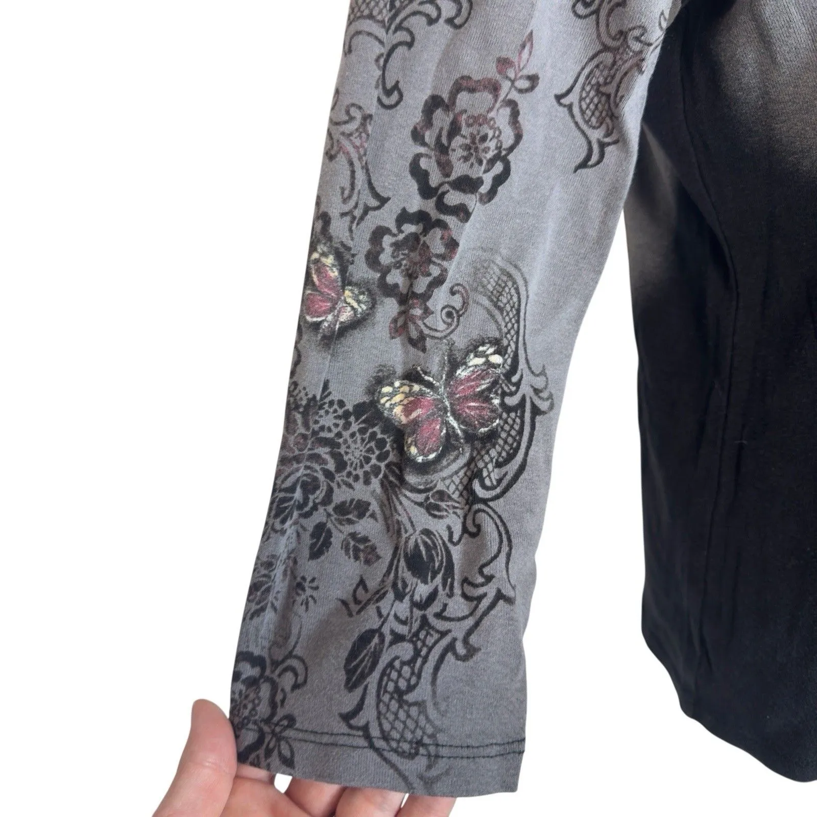 Vintage Jess And Jane Fairy Grunge Top L Rhinestone Butterfly Heart Dark Floral Black Size L - Image 5