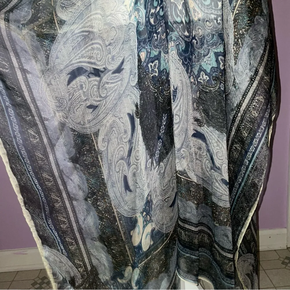 Blue Boho Kimono Maxi Chiffon Psychedelic Swim Cover V Neck Longline Poncho - Image 8