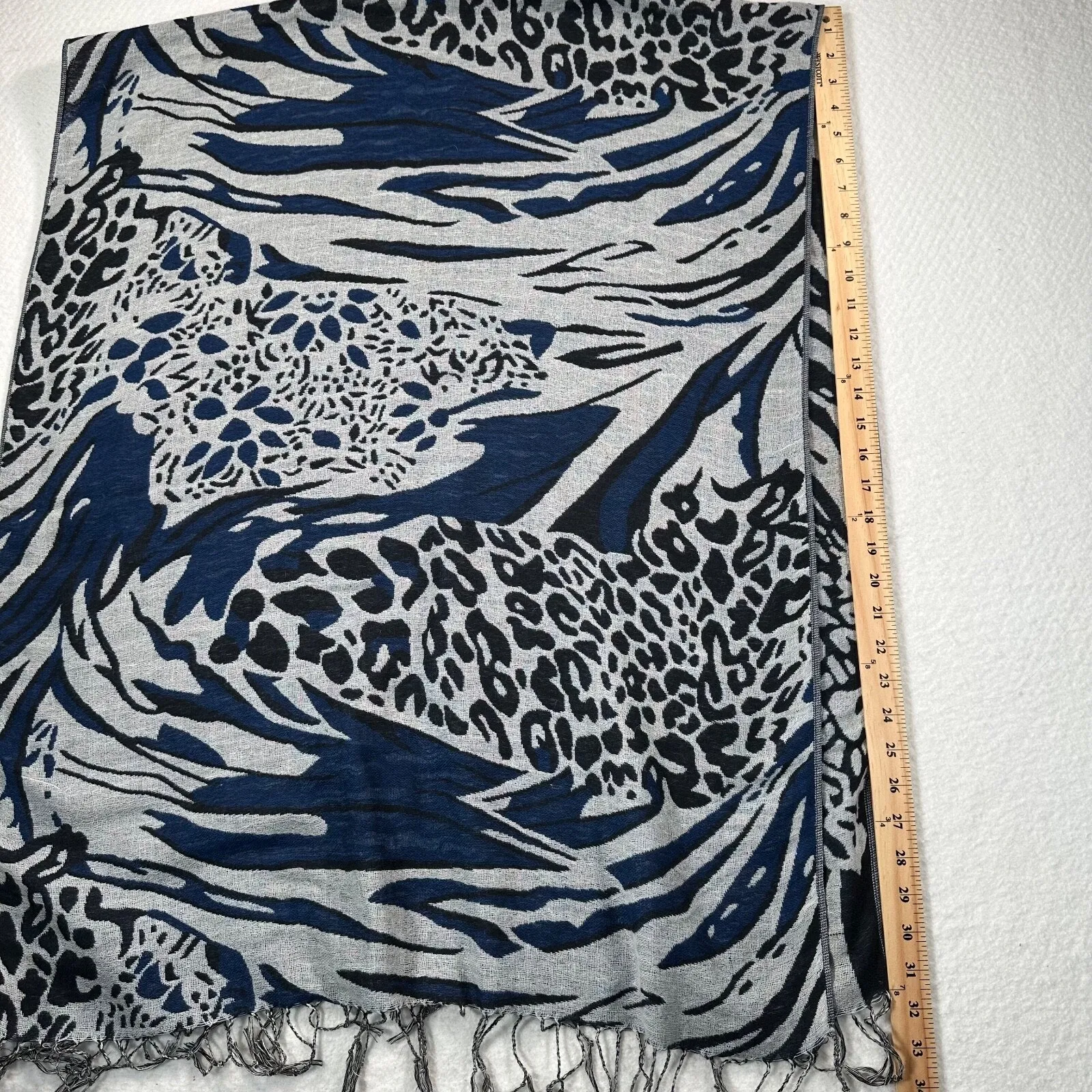 MagicScarf Blue Black Animal Print Tasseled 64" x 25.5" Rectangular Scarf Wrap - Image 6