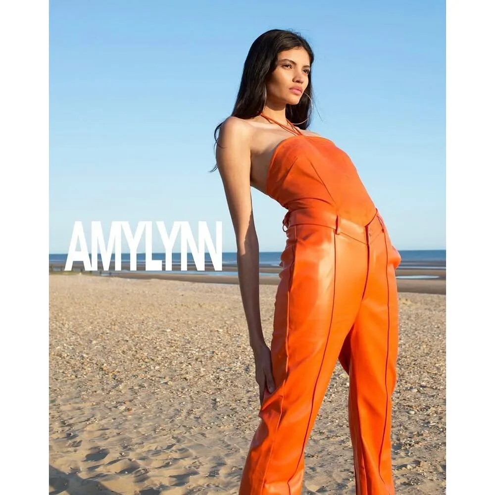 NWT Amy Lynn Amber Faux Leather Flare V Front Trouser Pant Orange Size Medium - Image 6