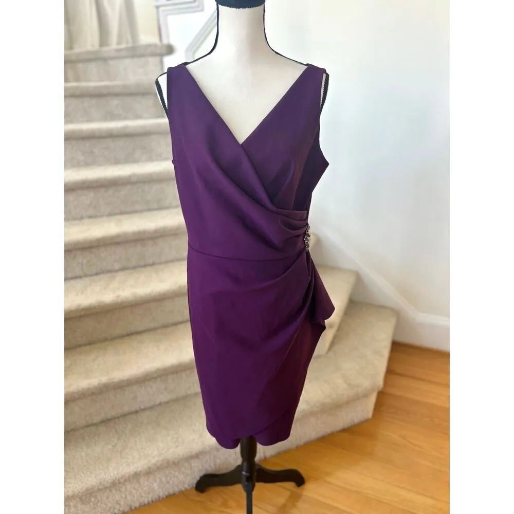 Alex Evenings Dark Purple Draped Embellished Sleeveless Sheath Dress - Image 3
