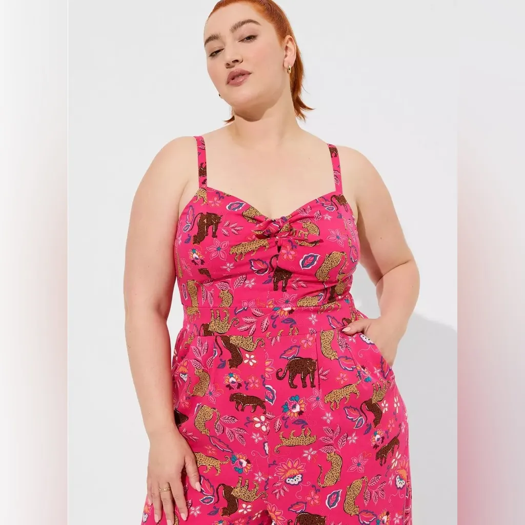 Torrid Hot Pink Tie Front Culotte Jumpsuit Jungle Leopard Print Plus Size 1X - Image 13