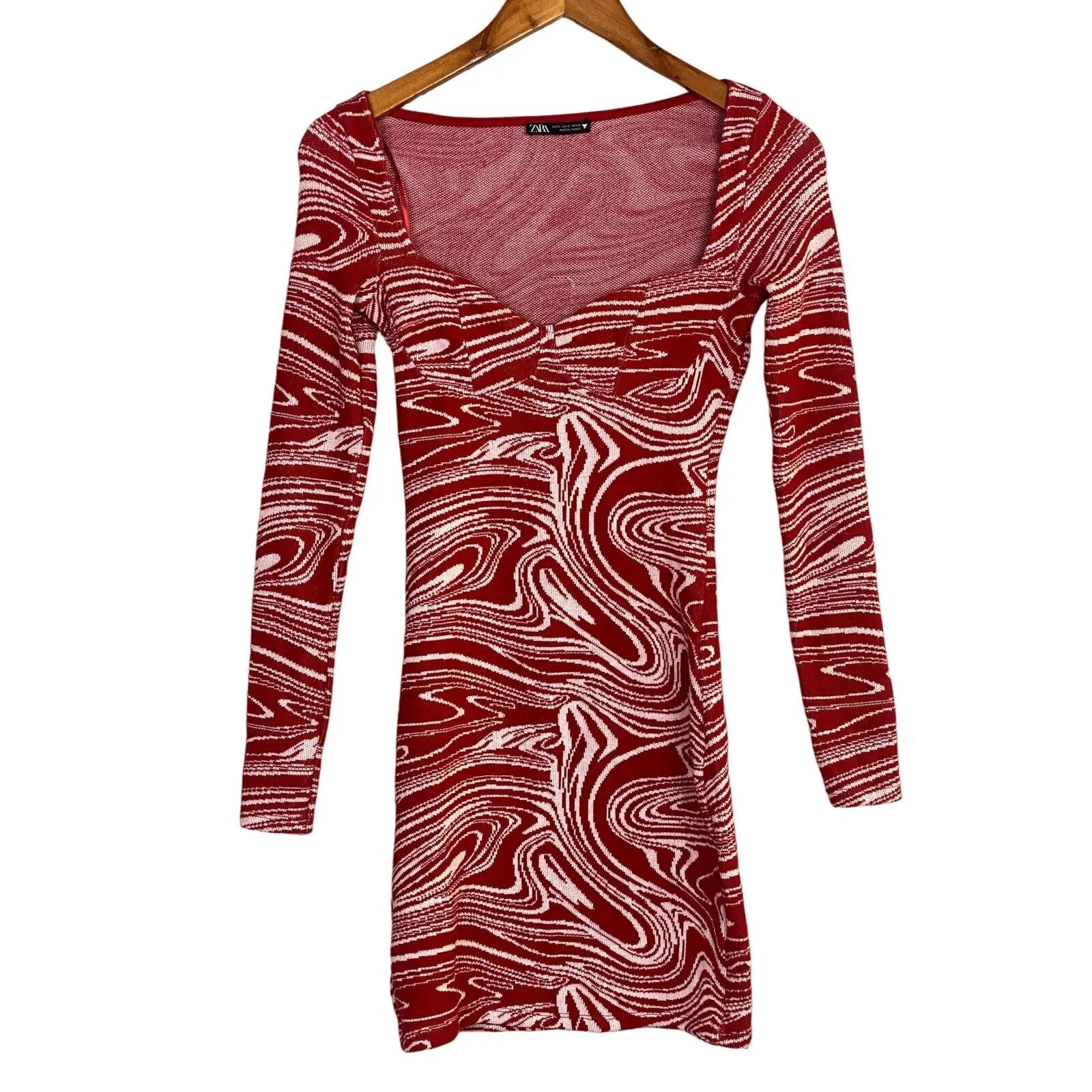 Zara Marble Long Sleeve Stretch Knit Sweetheart Bodycon Mini Dress S Red White - Image 2