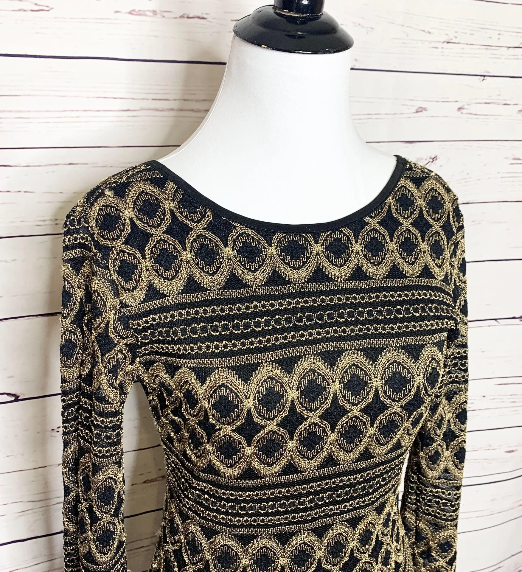 Black & Gold Long Sleeve Bodycon Dress Small - Image 5