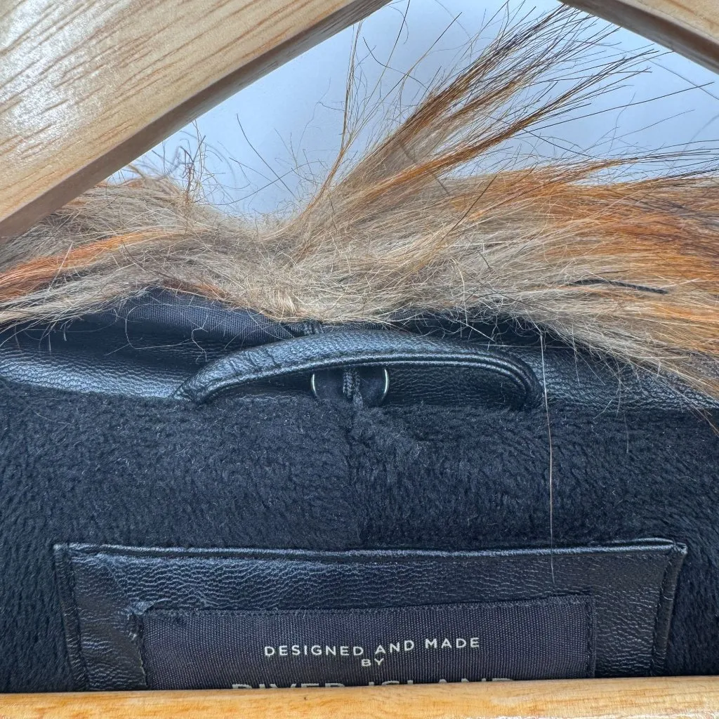 River Island Moto Jacket Womens 6 Black Faux Leather‎ Faux Fur Trim Belt Pockets - Image 15
