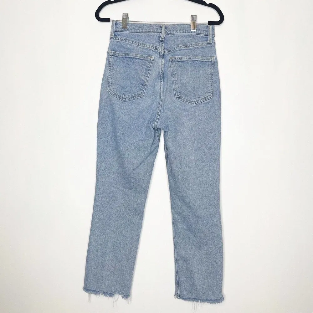 Zara Button Fly Crop Jeans Raw Hem Blue Size 8 - Image 2