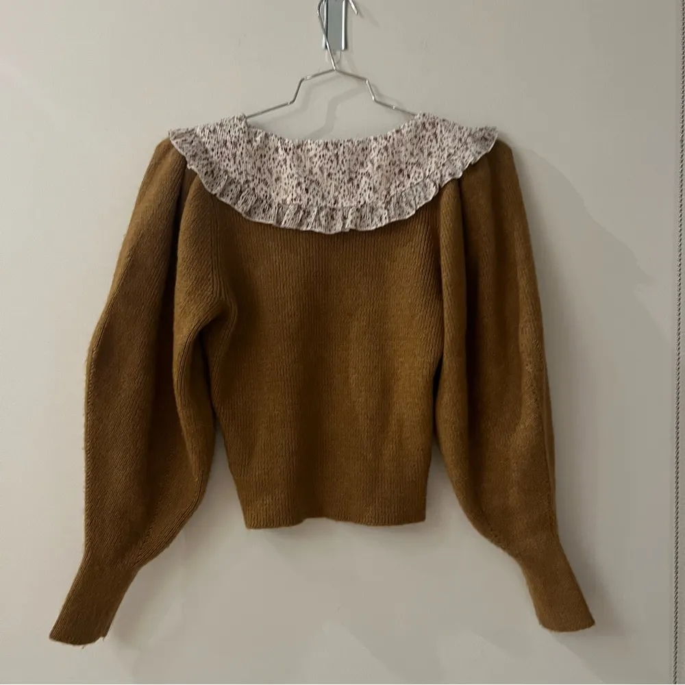 Zara Brown Tan Knit Sweater Peter Pan Collar Oversized Balloon Sleeves Boho - Image 4