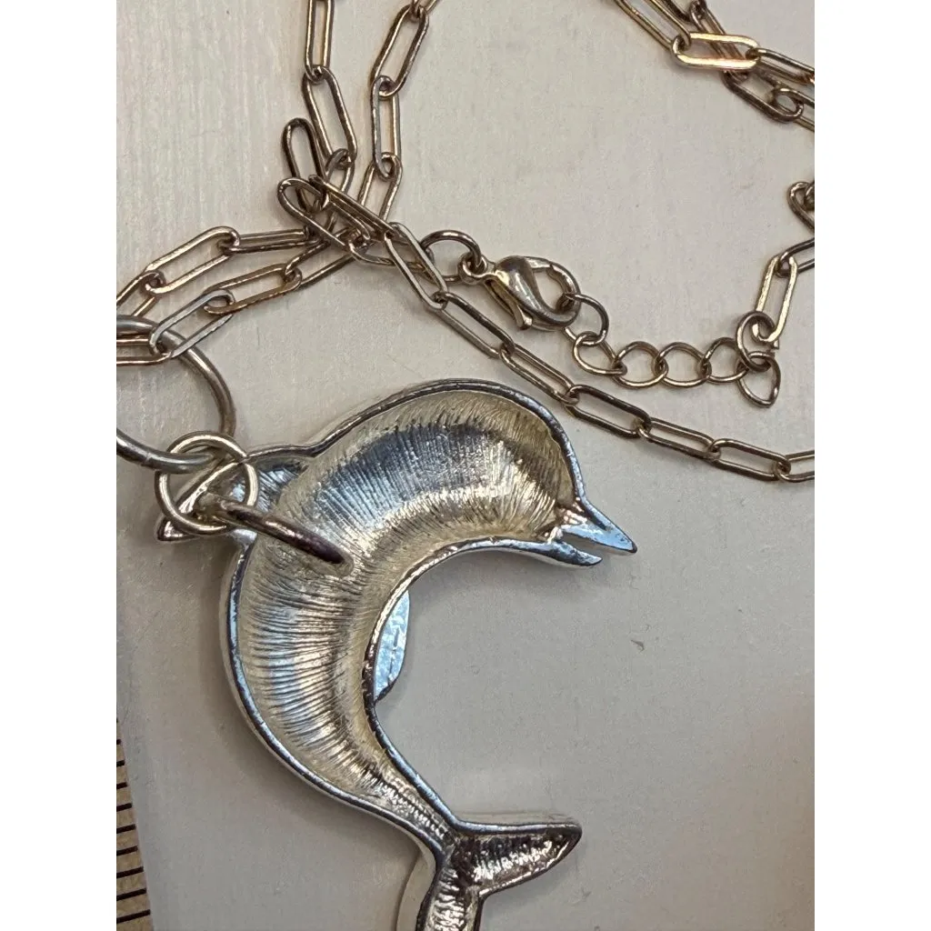 Silver Dolphin Pendant Necklace With Rhinestone Accents On Gold-Tone Paperclip C - Image 8