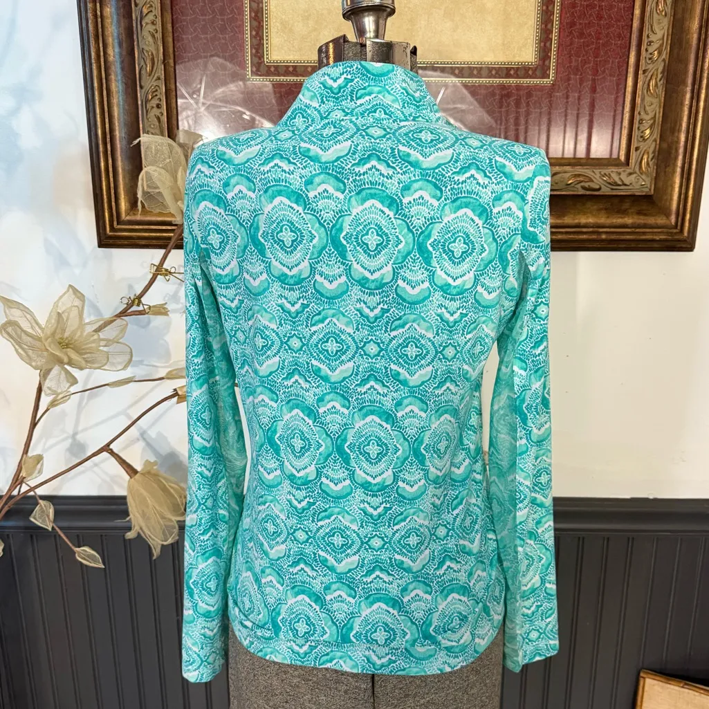 IBKUL Medallion Print 1/4 Zip Mock Neck UPF 50 Mesh Vents Top ~ Size XS 💚🍄 Blue - Image 4