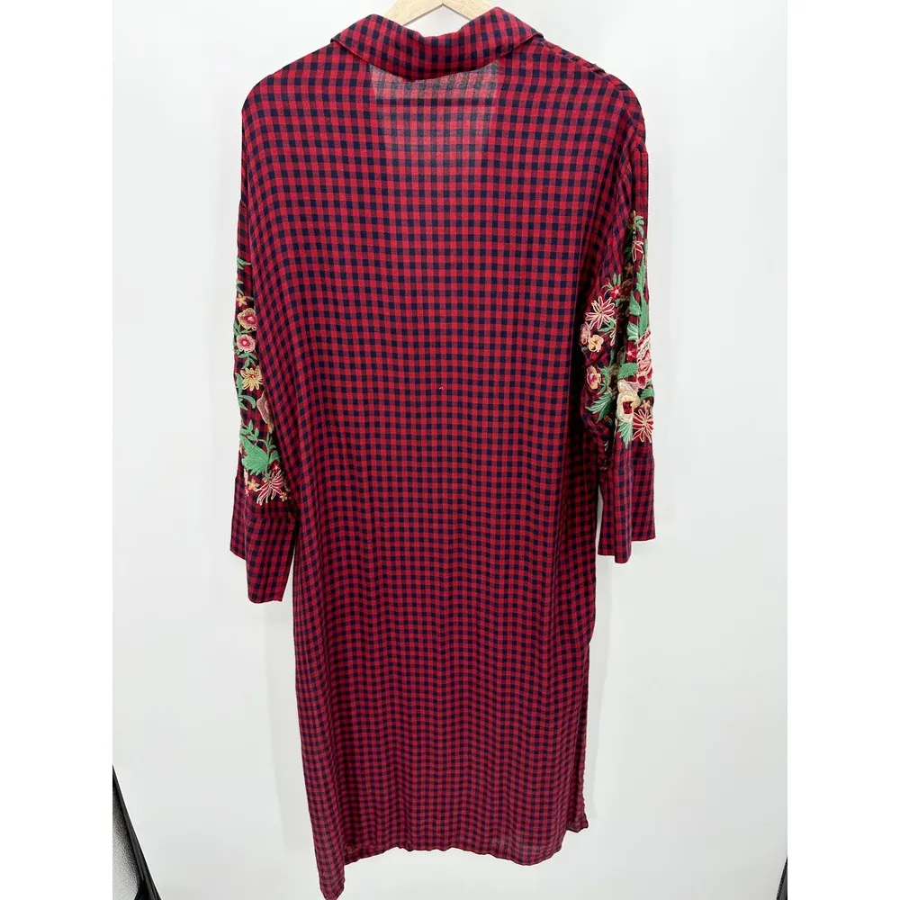 Zara Cardigan Women SMALL Red Navy Blue Plaid Button Front Maxi Dress Duster - Image 2