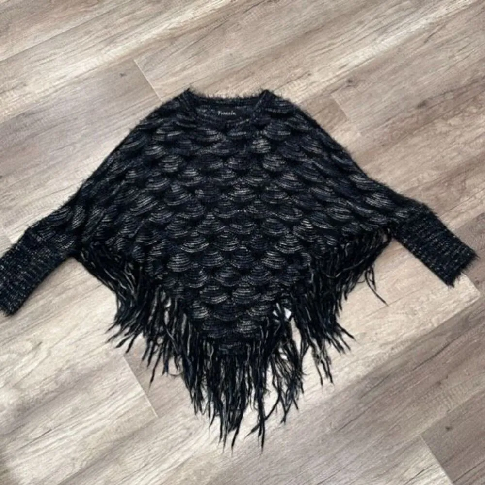 Frazzle Women's Eyelash Knit With Sleeve Fringe Poncho Sweater Black Blue Medium - Image 6