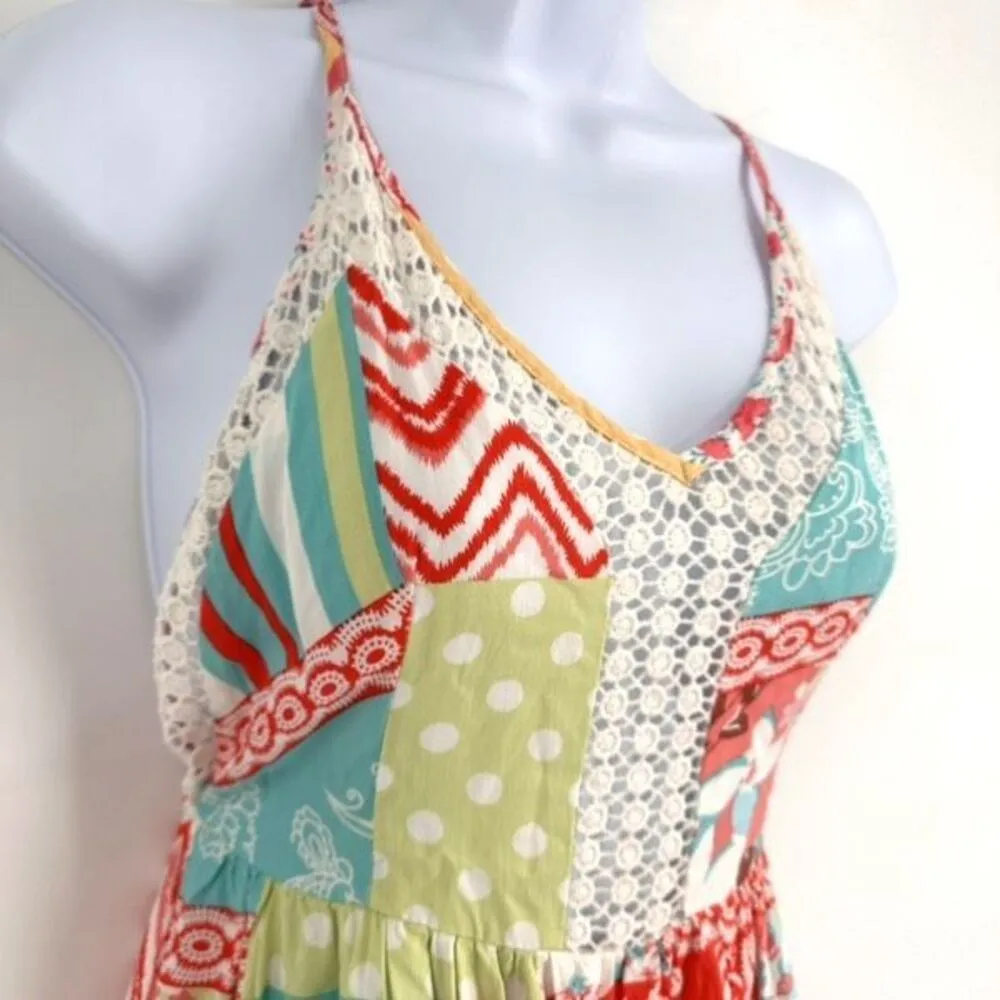 Angel Biba Patchwork Colorful Lace Trim Mini Sundress Size Small Open Back Boho - Image 3
