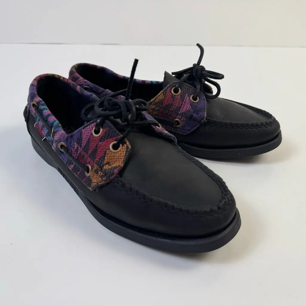 Sebago Spinnaker Black Tribal Leather Boat Shoes Size 8 Nautical Preppy Aztec - Image 2