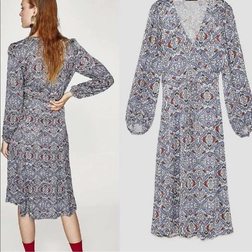 NEW Zara Floral‎ Print Midi Wrap Dress Blue Small - Image 5