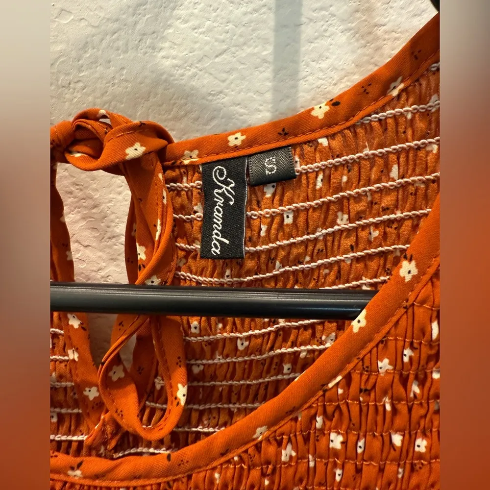 Krandda Smocked Rust Floral Midi Dress - Image 3