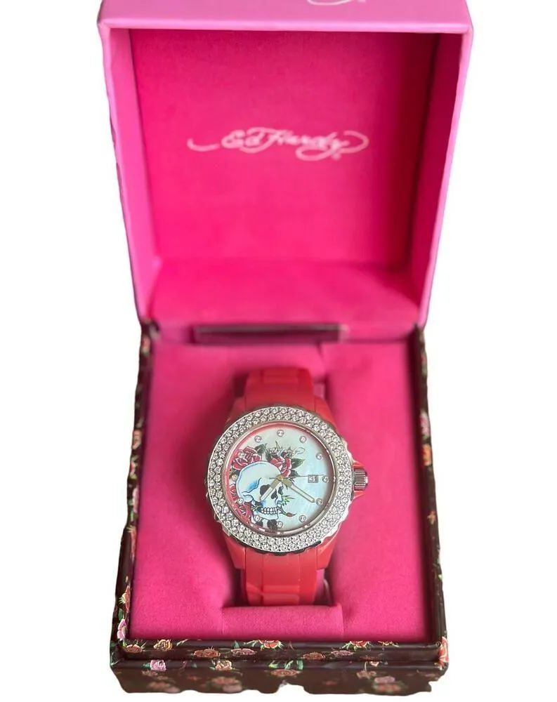 NIB Ed Hardy Love Kills Slowly Watch Swarovski Crystals & Red Pink Band Y2K - Image 12