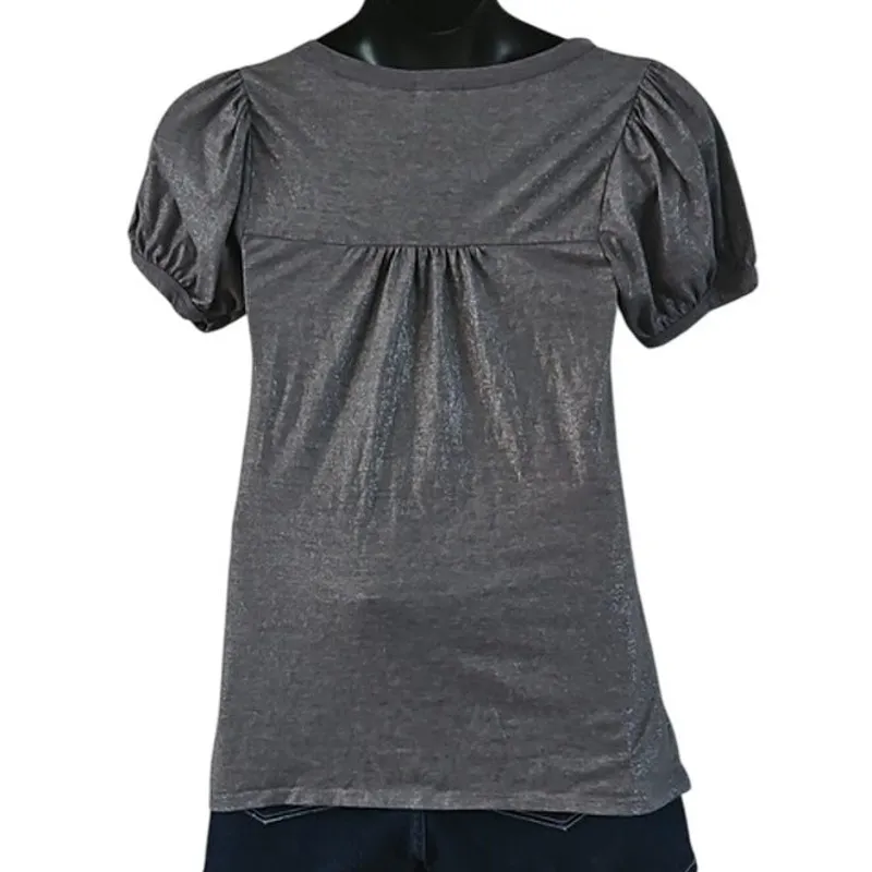 Excellent Condition FANG Sz Large Junior Gray Shimmer Puff Sleeve Front Tie Top - Image 4