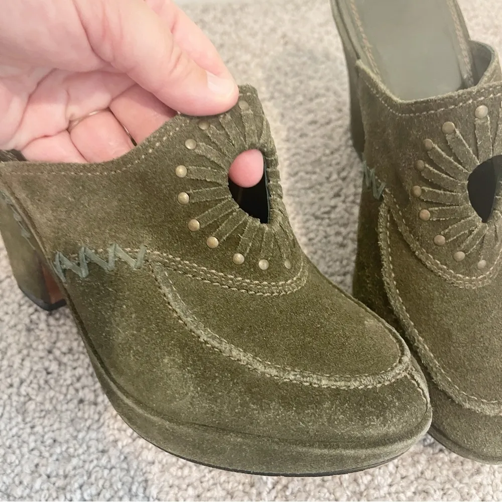 Frye‎ Suede Clog Womens Green Sz 6 Ingrid Apron Leather Block High Heel Slip On - Image 6