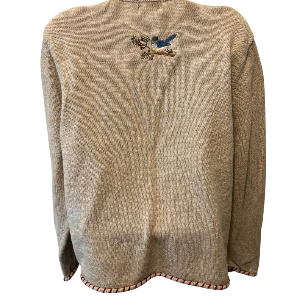 Christmas Holiday Cardigan Sz XL Tan Embroidered Cardinals Bluebirds Winter Cozy - Image 3