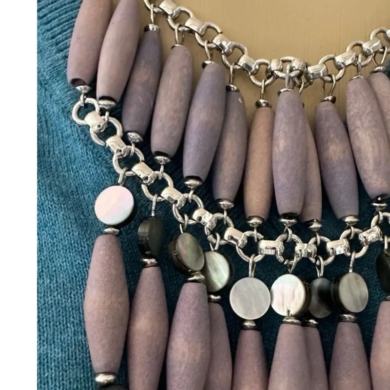 Vintage Mexican Statement Wood Necklace – Handmade Look Purple - Image 5