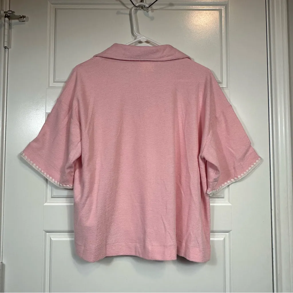 Lena Two Piece Grannycore Pink Terry Lounge Set Crochet Details Size Large NWOT - Image 7