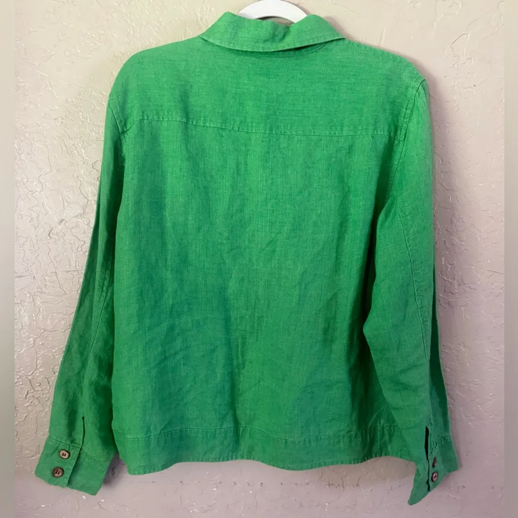 Chicos 100% Linen Button Down Shirt Jacket Sz 2 US L Kelly Green Long Sleeve - Image 14