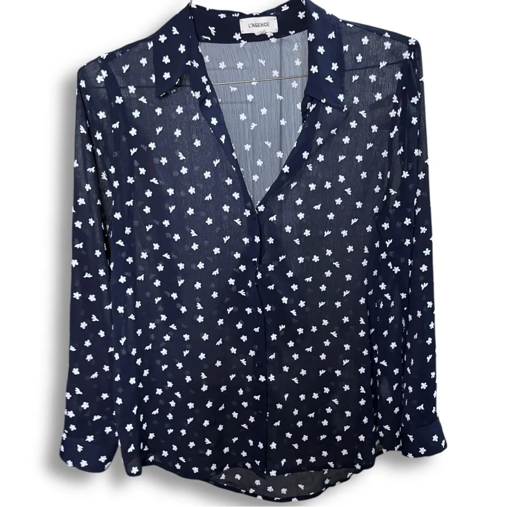 L’Agence Floral Embroidered Sheer Button Down Blouse Navy Blue Medium - Image 3