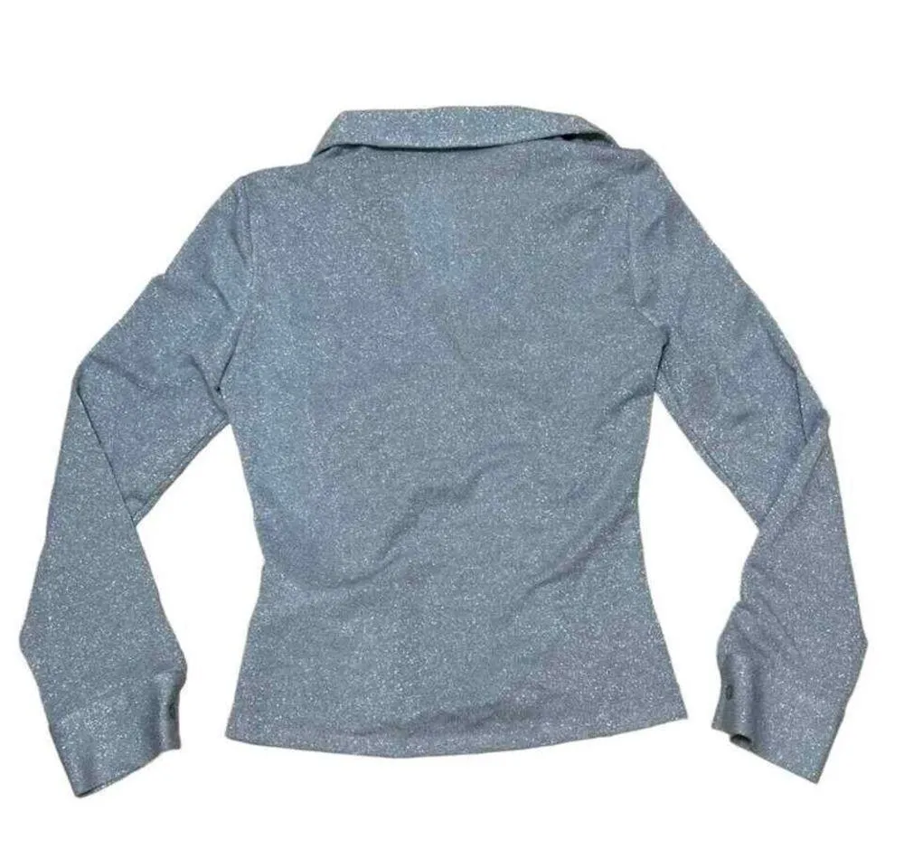 Zara New  Sparkly Pastel Blue Keyhole Collared Long Sleeve Top, Small - Image 5