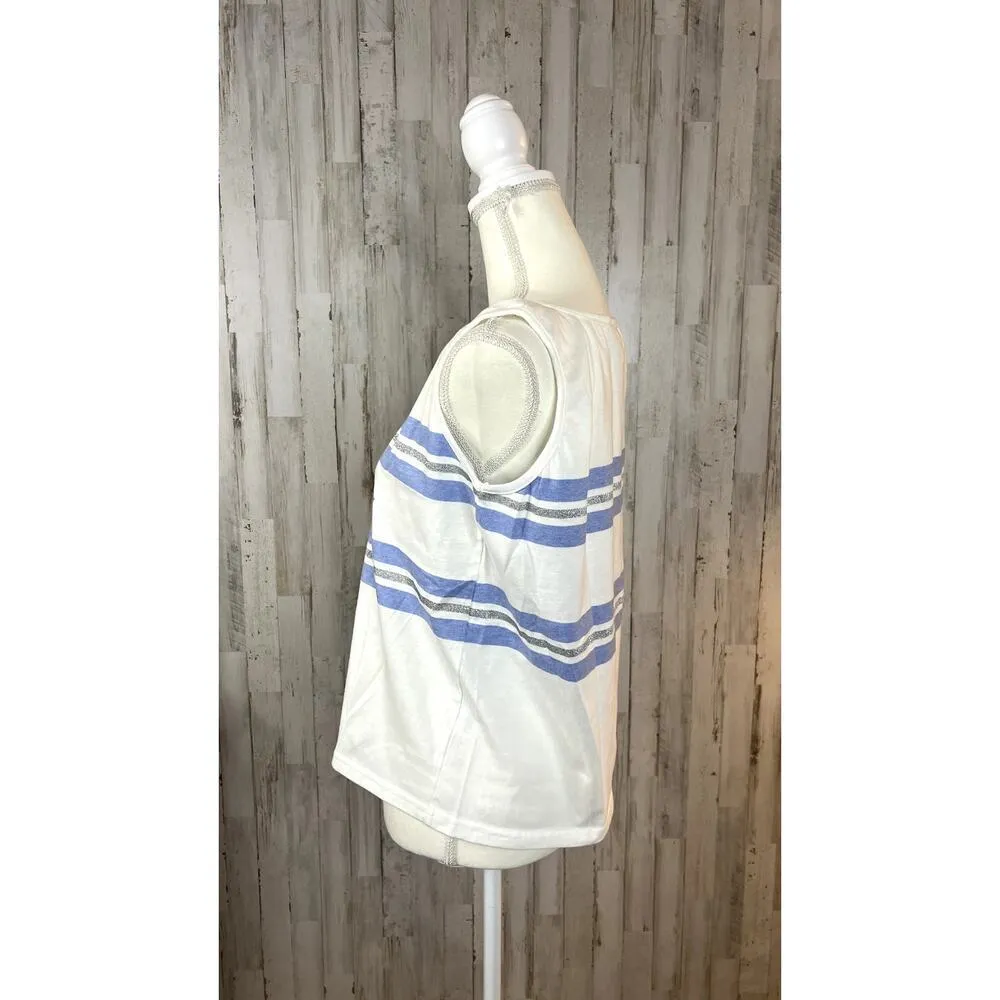 Lizwear Women's Size Large White Tank Top Blue Stripes & Stars Sleeveless Casual - Image 6