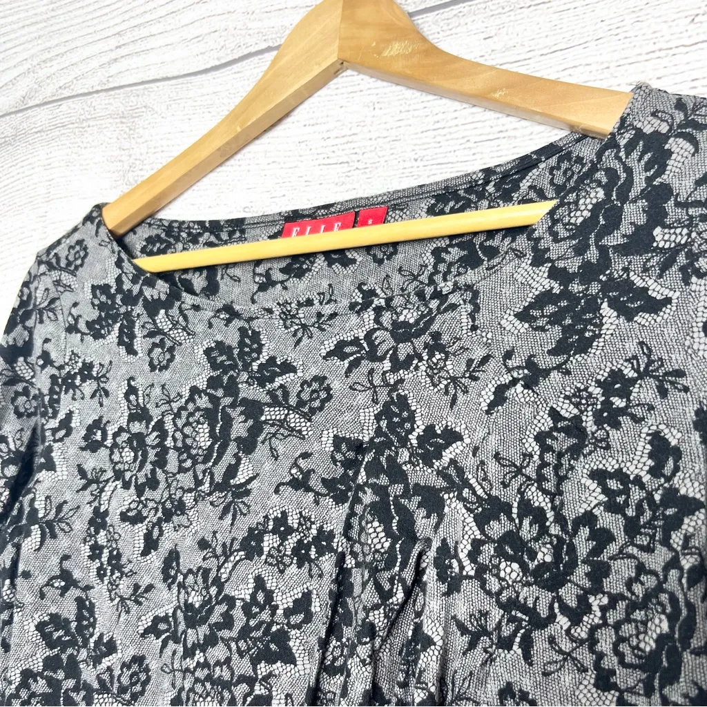 ELLE Black & Gray Pima Cotton & Modal Floral Pleated Long Sleeve Top Size Small - Image 4
