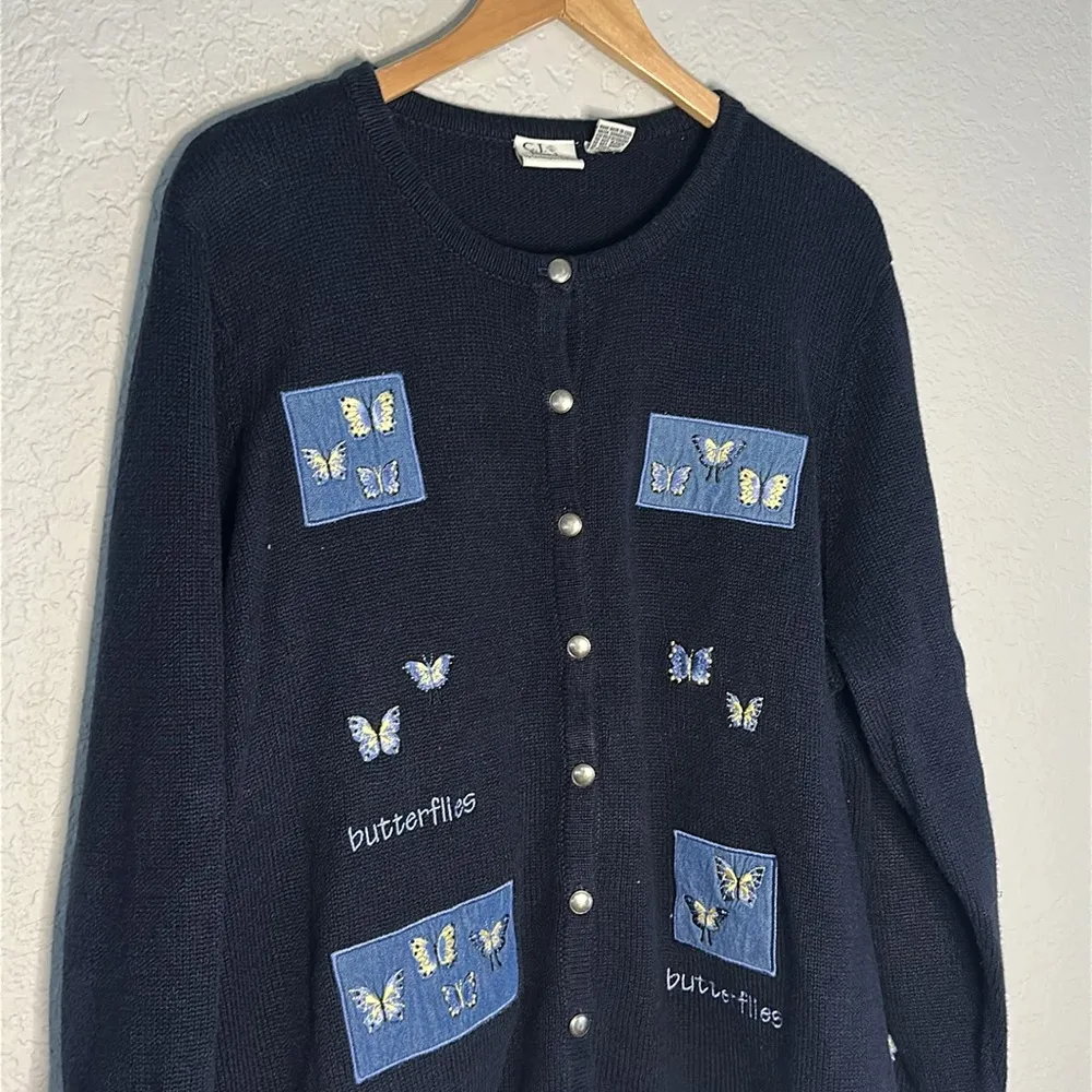 Vintage CJ Banks Butterfly Embroidered Cardigan Sweater Navy Blue Y2K Teacher - Image 2