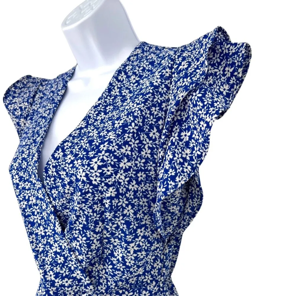Monteau Floral Ruffle Sleeve Wrap Peplum Blouse Blue White Size Small - Image 4